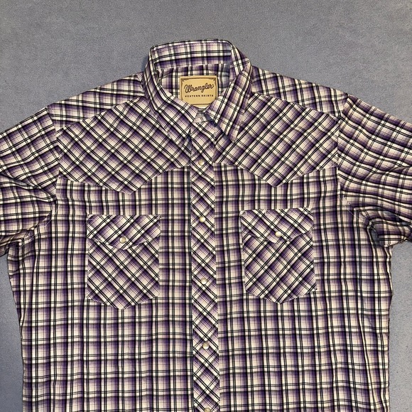 Wrangler Woven Western Button Up Shirt Short Sleeve Plaid Purple Mens Size L - Picture 3 of 13